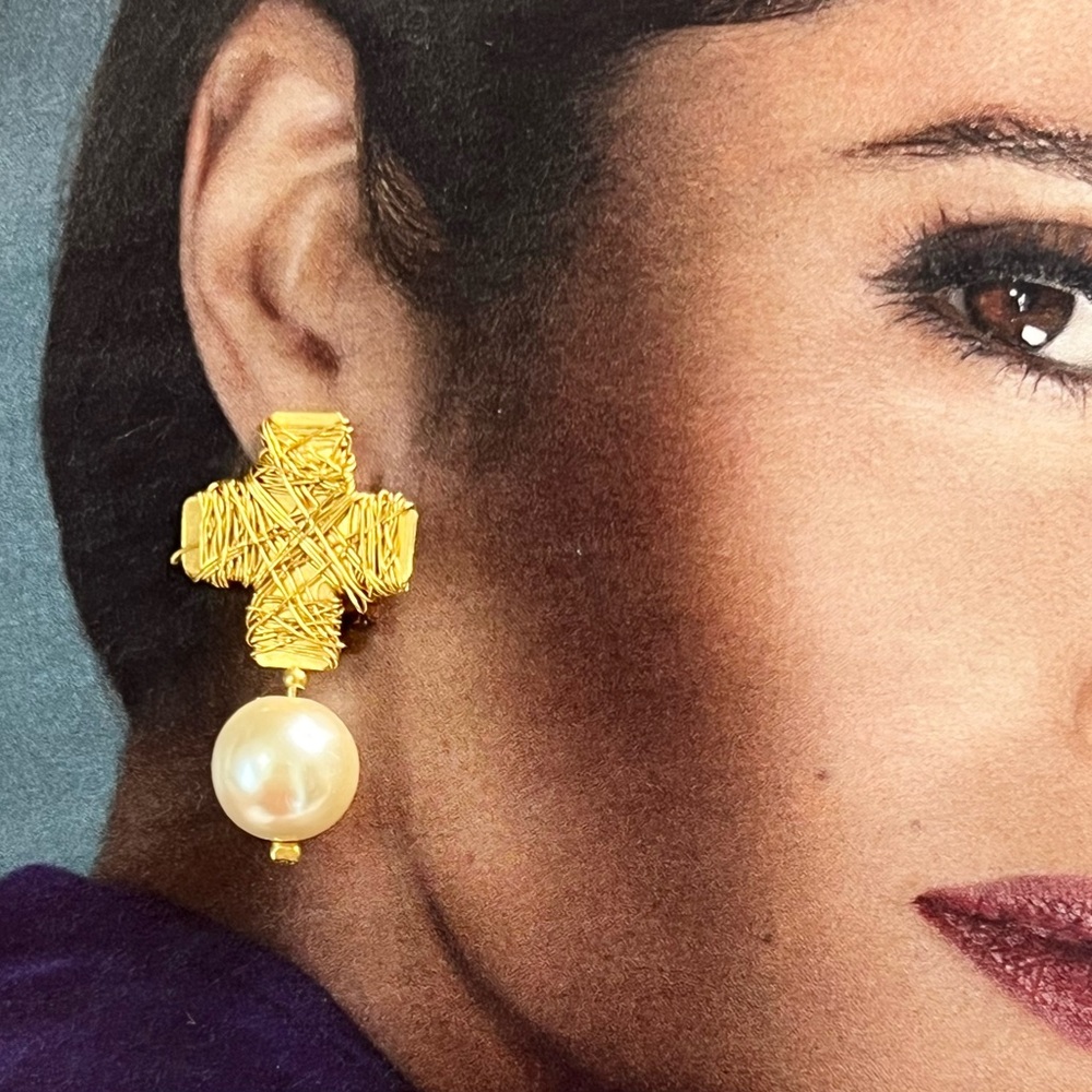 Gold Cross Pearl Drop Earrings